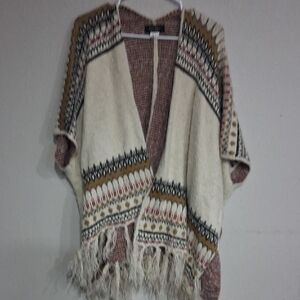 Jessica Simpson Cream and Brown Fringe Poncho